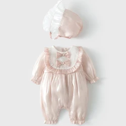 2Piece Sets Spring Autumn Newborn Girls Clothes Korean Cute Long Sleeve Mesh Cotton Bow Rompers Jumpsuits+Hat Baby Items BC318