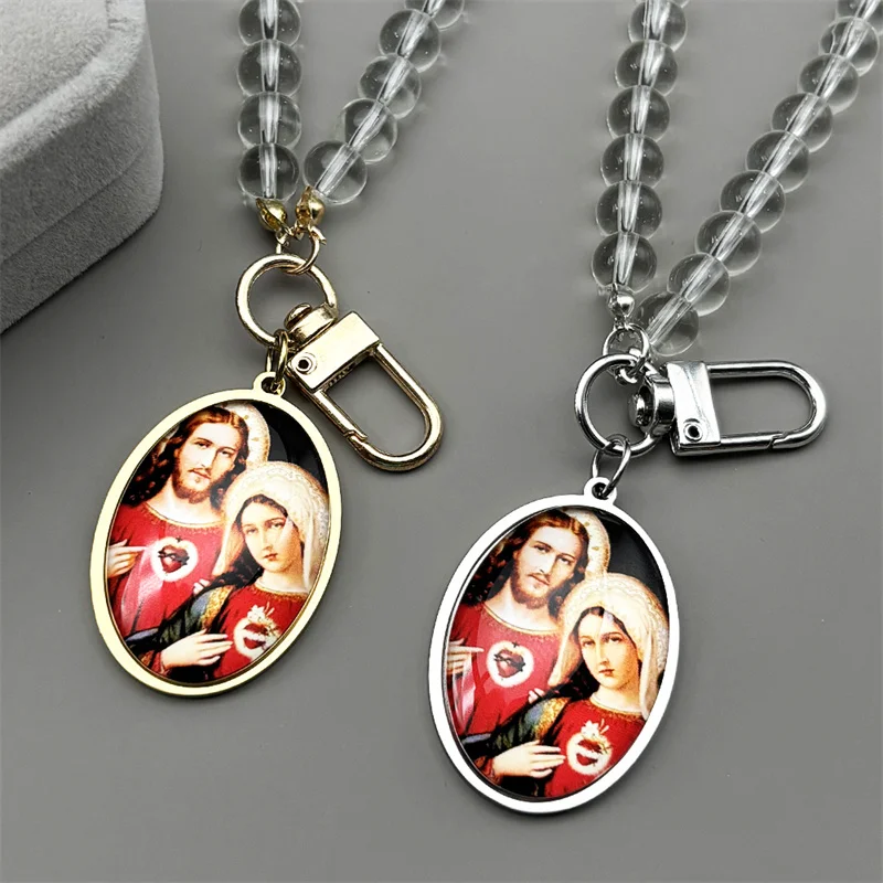 

Catholic Sacred Heart Of Jesus Virgin Mary Glass Car Pendant for Men Women Stainless Steel Gold Silver Color Beads Chain Jewelry