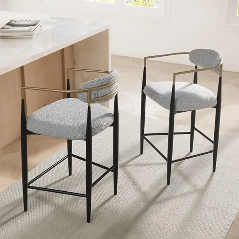 Mid-Century Boucle Barstools Set of 2 with Comfortable Seating and Durable Metal Frame Kitchen Dining Room Island Chairs