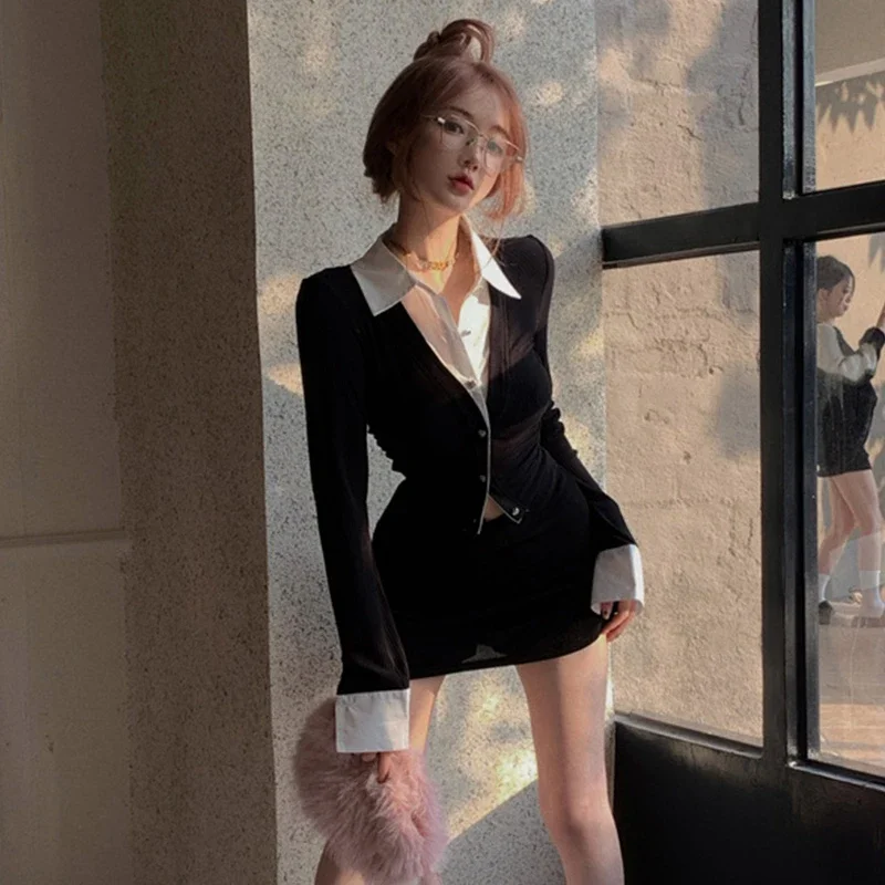 Falso due camicette per le donne tunica manica lunga top corto 2025 Blusas Mujer De Moda moda coreana sexy Y2k camicette camicie