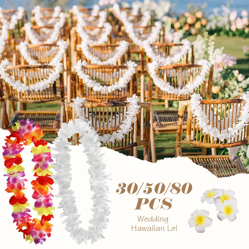 30/50/80/100Pcs Hawaiian Garland Wedding Decor,Thickened Hawaiian Leis Necklace Flowers Wreath With Frangipani,Tropical Wedding