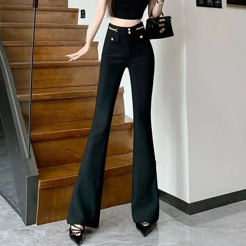 

Women's High-Waisted Flared Pants Chain Decor Gold Button Slim-Fit Stretch Fashion Party Trousers