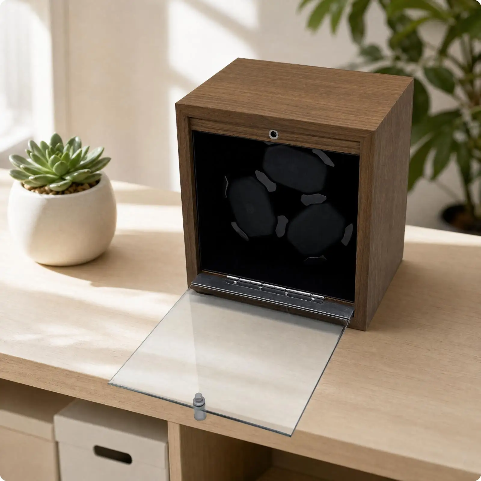 Electric Watch Winder for Automatic Watches Wood Grain Cabinet with Adjustable Modes and Glass Display Door