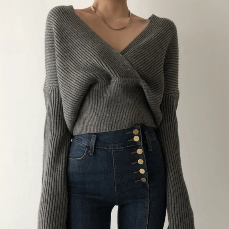 Chic Herbst Winter Retro Sle frauen Gestrickte Pullover Tiefem V-Ne Kreuz Lange Sve ort Länge Faionable Und Sexy