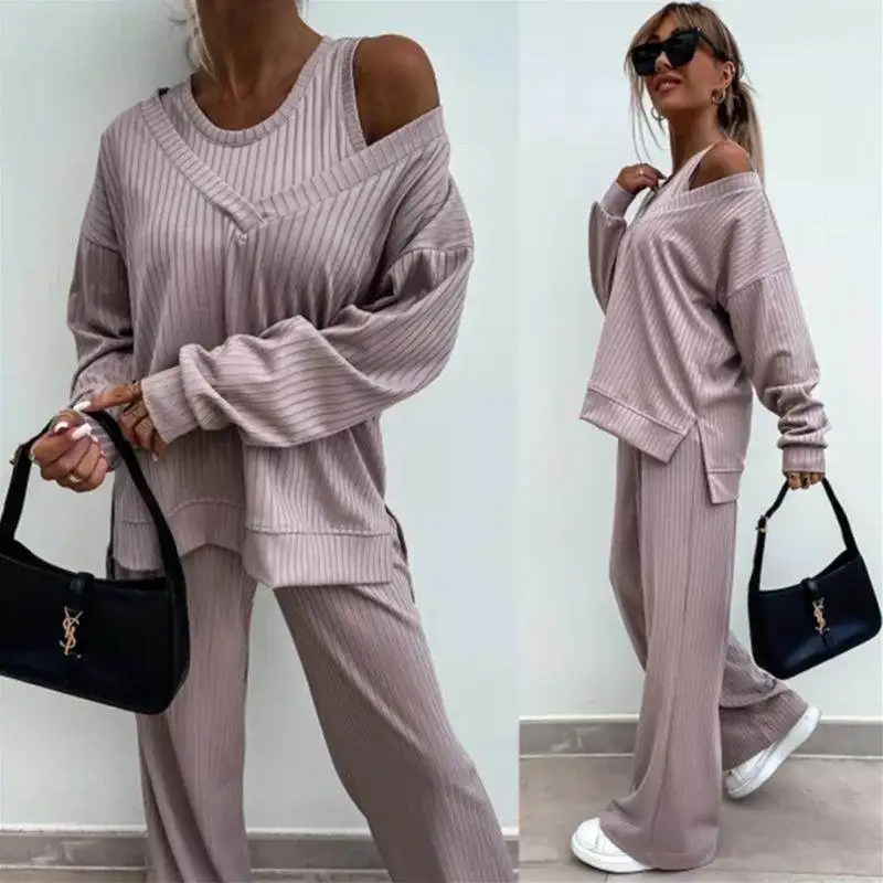 

New 2025 Women's Color Vest Long Sve V-Ne Casual Pants Tee-Piece Set Faionable Comfortable Mid-Low Waist PVC