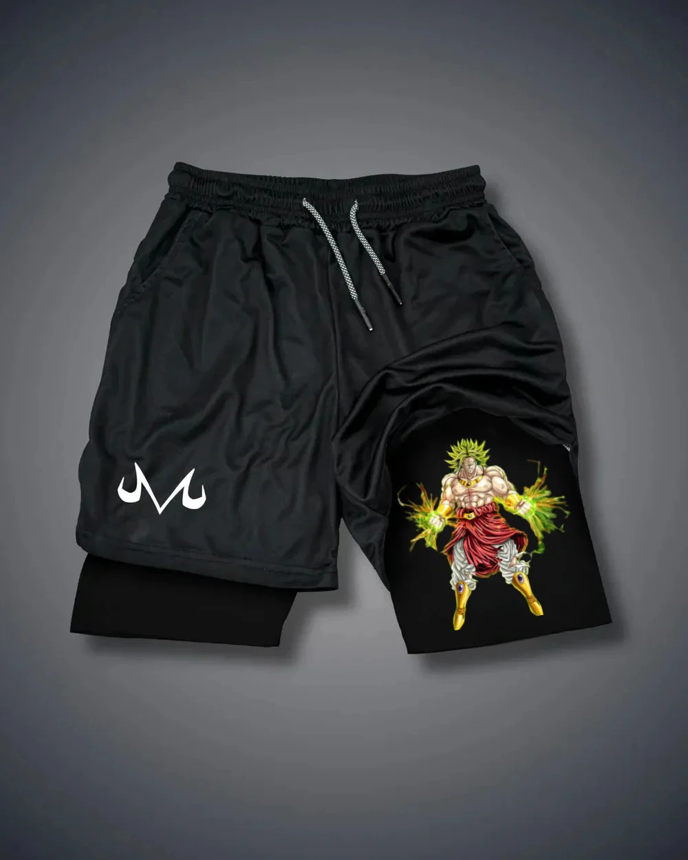 

Dragon Ball Black Shorts Broly Print Green Hair Muscular Pose White M Logo Double Layer Elastic Waist Drawstring Summer