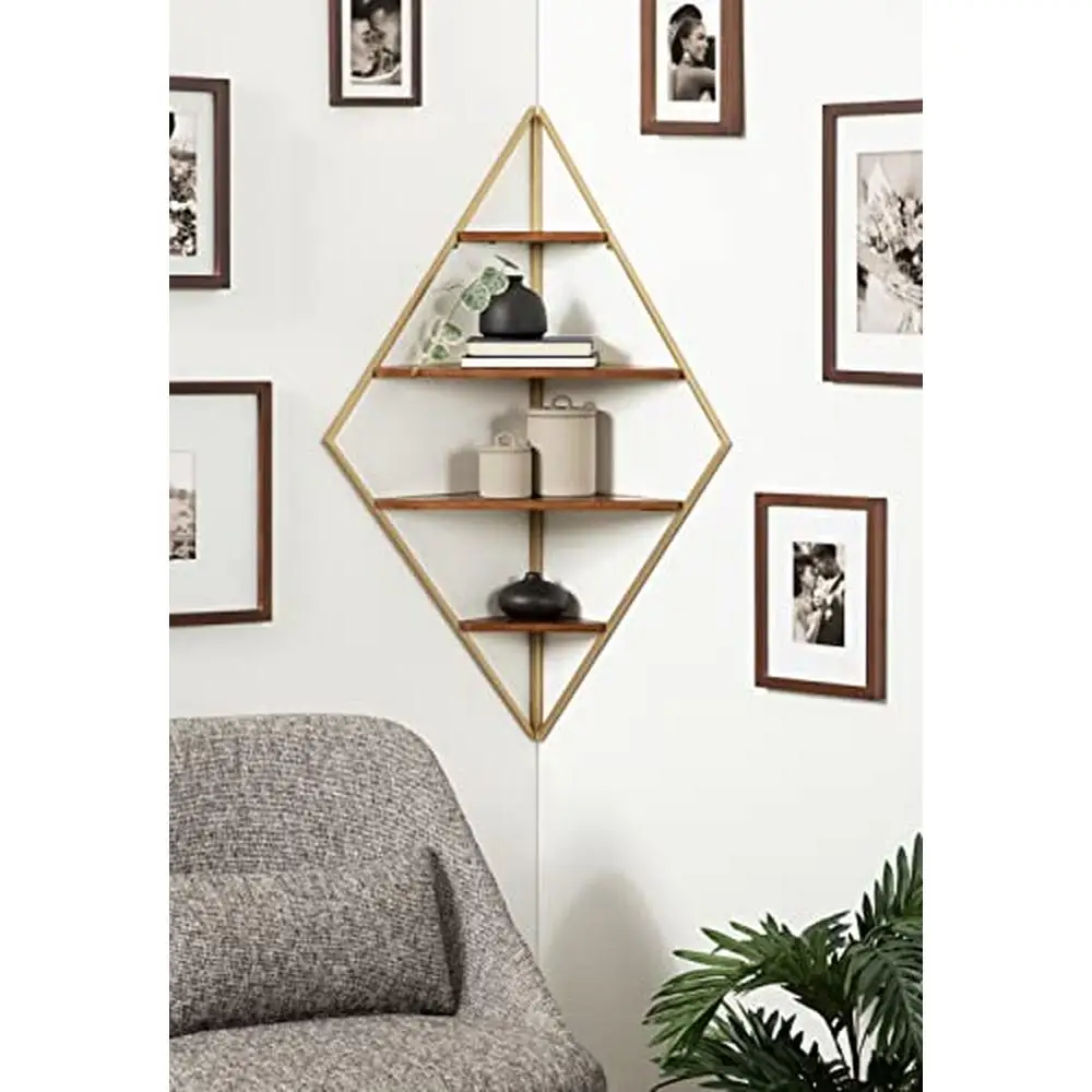 Diamond Walnut and Gold Floating Corner Shelf 4 Shelves Sturdy Iron Wood Glamorous Design Easy Hanging Mid-Century Modern Office