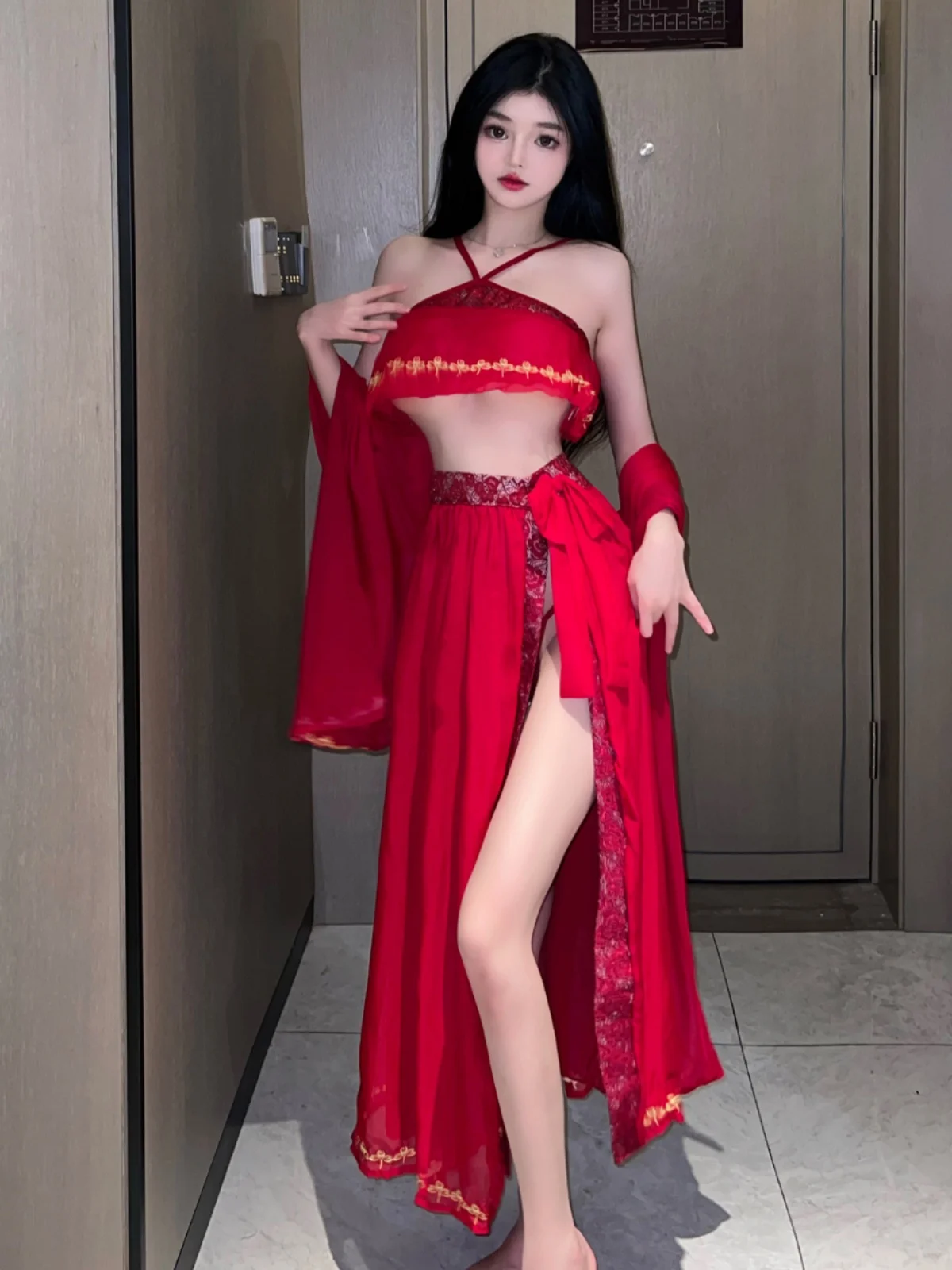 

Sexy See-tough Role-plang Hanfu orm Bride Costume Set Desert Flyer Eth Faionable Women's Ensemble Polyester