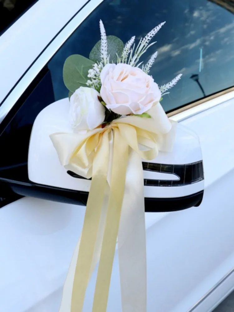 Espejo retrovisor con flores para decoración del hogar, cinta luminosa con 2 piezas rosas para decoración de boda, coche, novia, silla de pasillo