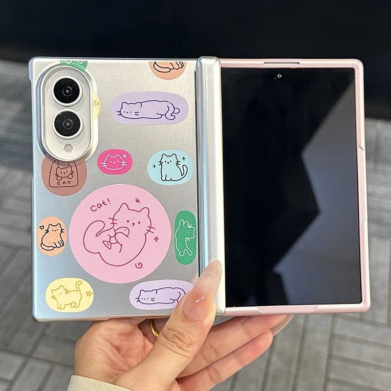 Fashion Plating Silver Color Cat Phone Case For Samsung Galaxy Z Fold 8 ZFold8 Cover with Stand Chain Cute Magnetic Hinge Cases