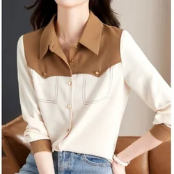 Women's Long Sleeve Chiffon Blouses 2024 Spring and Autumn New Korean Commute Contrast Color Patchwork Lapel Button Casual Shirt