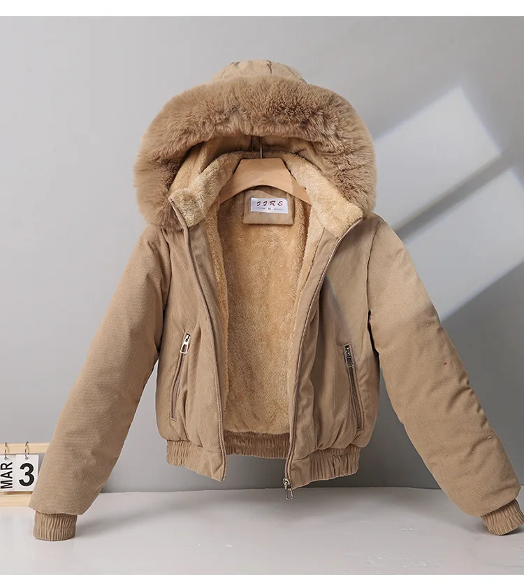 Hooded Parkas Coat Women Short Jacket Solid Zipper Big Fur Collar Pocket Slim Fit Thick Casual Office Lady 2025 Autumn Winter