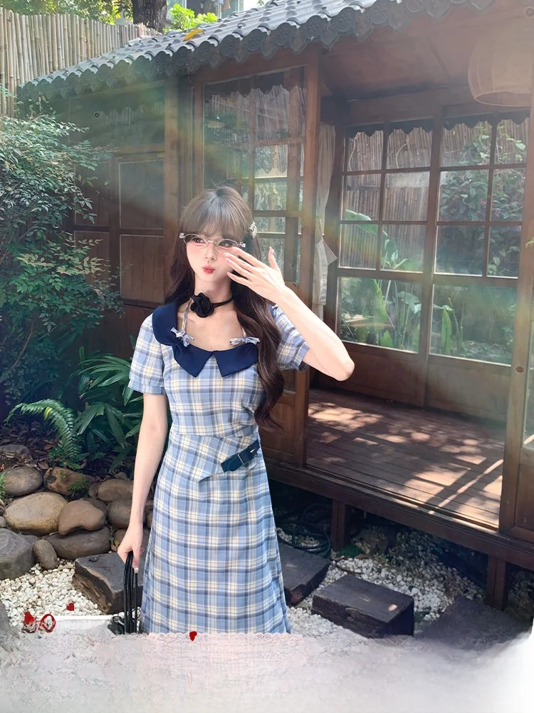 

Retro American College Style Floral Print Maxi Dress Women's Summer Slimming Long Dress High Waist Polyester Fiber Short Sleeve