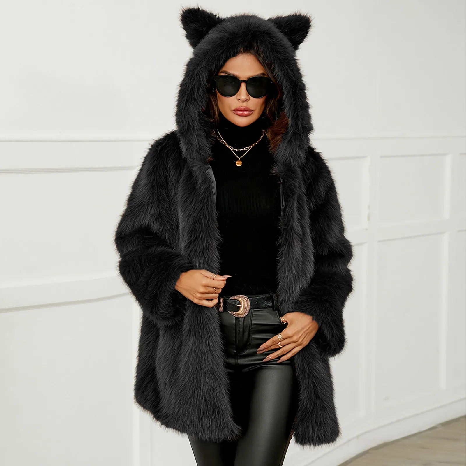 Faux Fur Winter Warm Shaggy Coat Fashion Casual Fuzzy Cat Ears Hooded Outerwear Women Plus Size Open Front Loose Fit Jacket