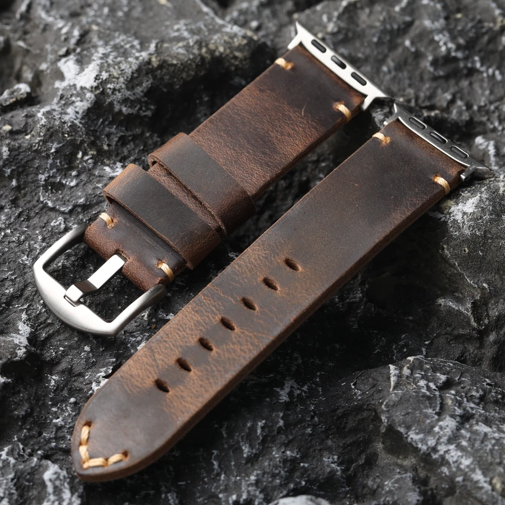 Handmade Top Layer Cowhide Strap Retro Style For iWatch Apple Watch Ultra 2 49MM 45MM 44MM 42MM Men Thickened Watch Chain Brown