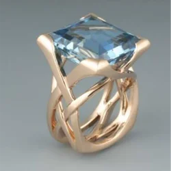 KSRA Fashion Trend Creative Hollow Gold Color Inlaid Square Blue Color Stone Rings For Women Party Gifts Custom Jewelry