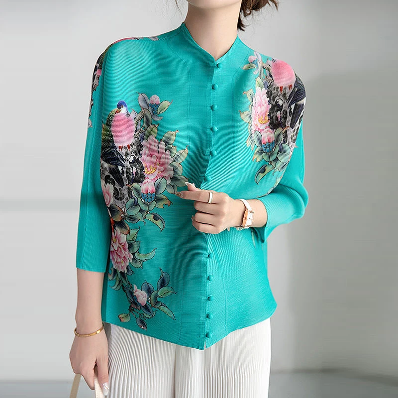 2023 New Sanzhai Pleated Print Top Spring/Summer Chinese Style Retro Loose Middle aged Mom Small Blouse Girl