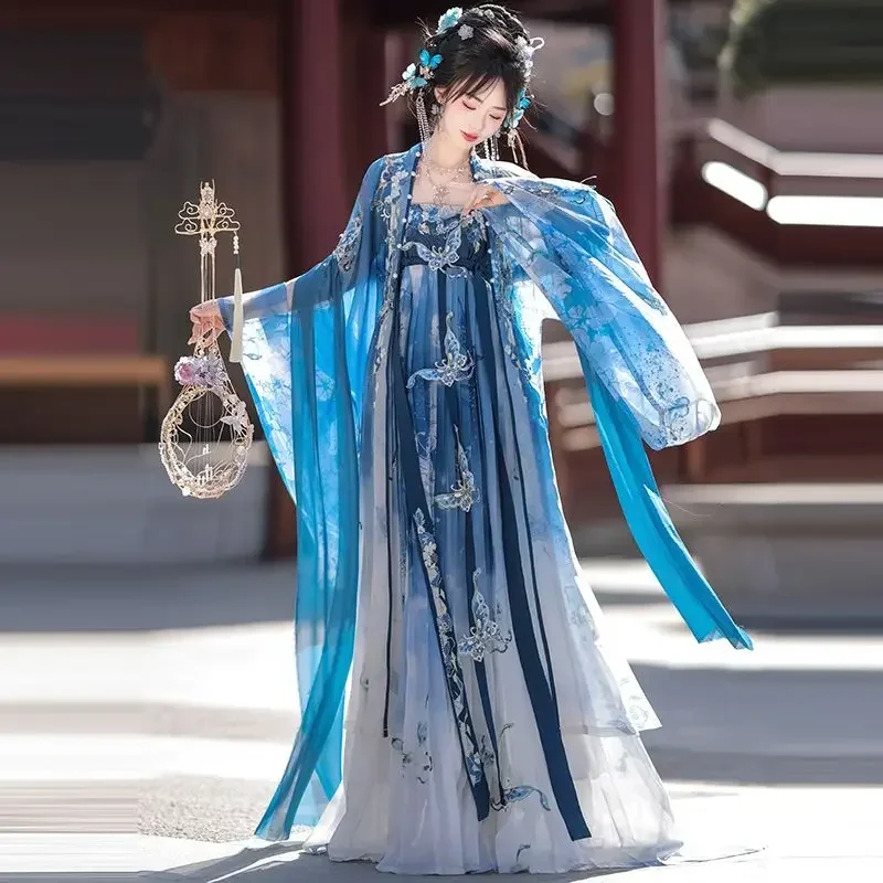 Summer Hanfu female blue Chinese style costume embroidery retro Tang style students adult performance shooting costumes