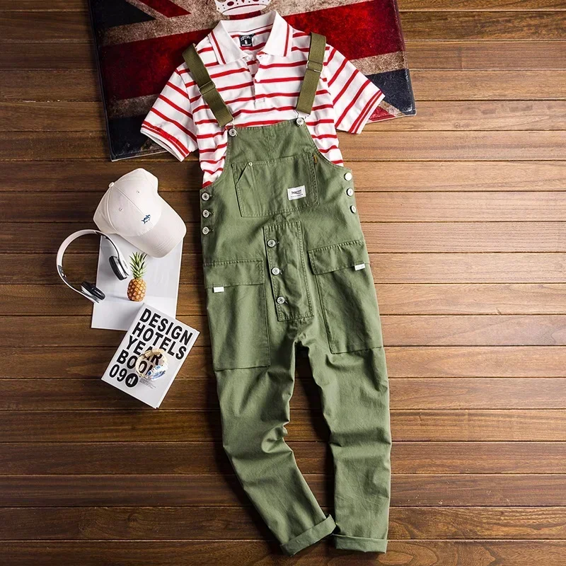 Fashion Men Jumpsuit Bib Pants Solid Color Joggers Pockets Streetwear Loose Cotton Straps Suspender Men's Cargo Overalls Rompers