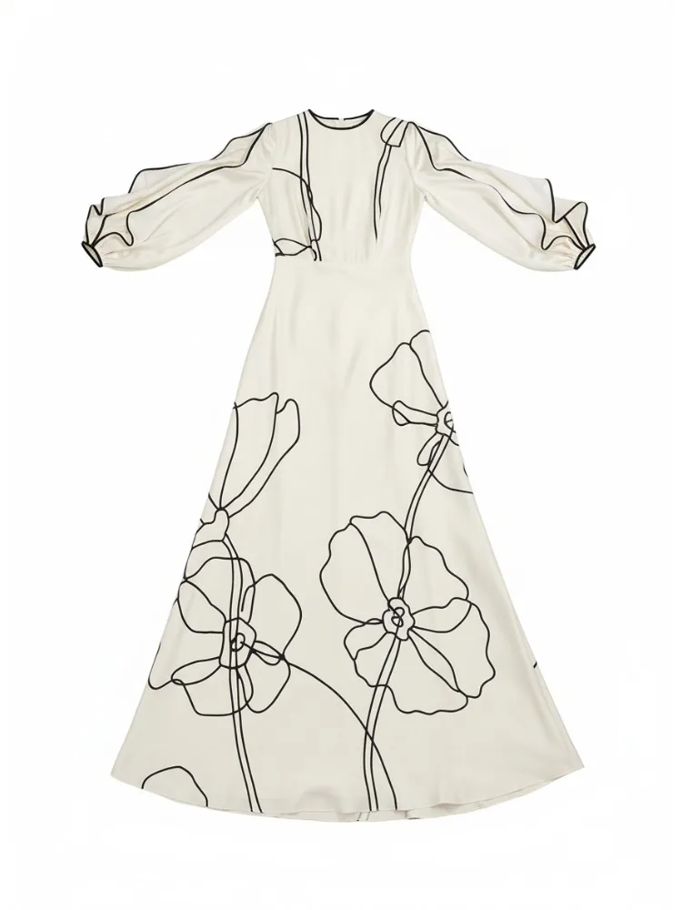 

Onecozyday 2025 Autumn New Women's Ruffled Sleeves Maxi Dress Printed Round Neck High Waist Pleated Party Dress Evening Gowns