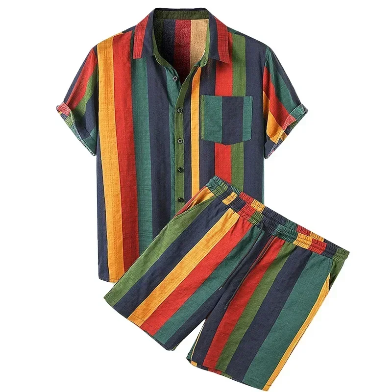 Men's 2026 Summer Hawaiian Beach Outfit Set Short-Sleeved Button Shirt And Shorts Two-Piece Striped Color Lapel Hawaiian Shirt S