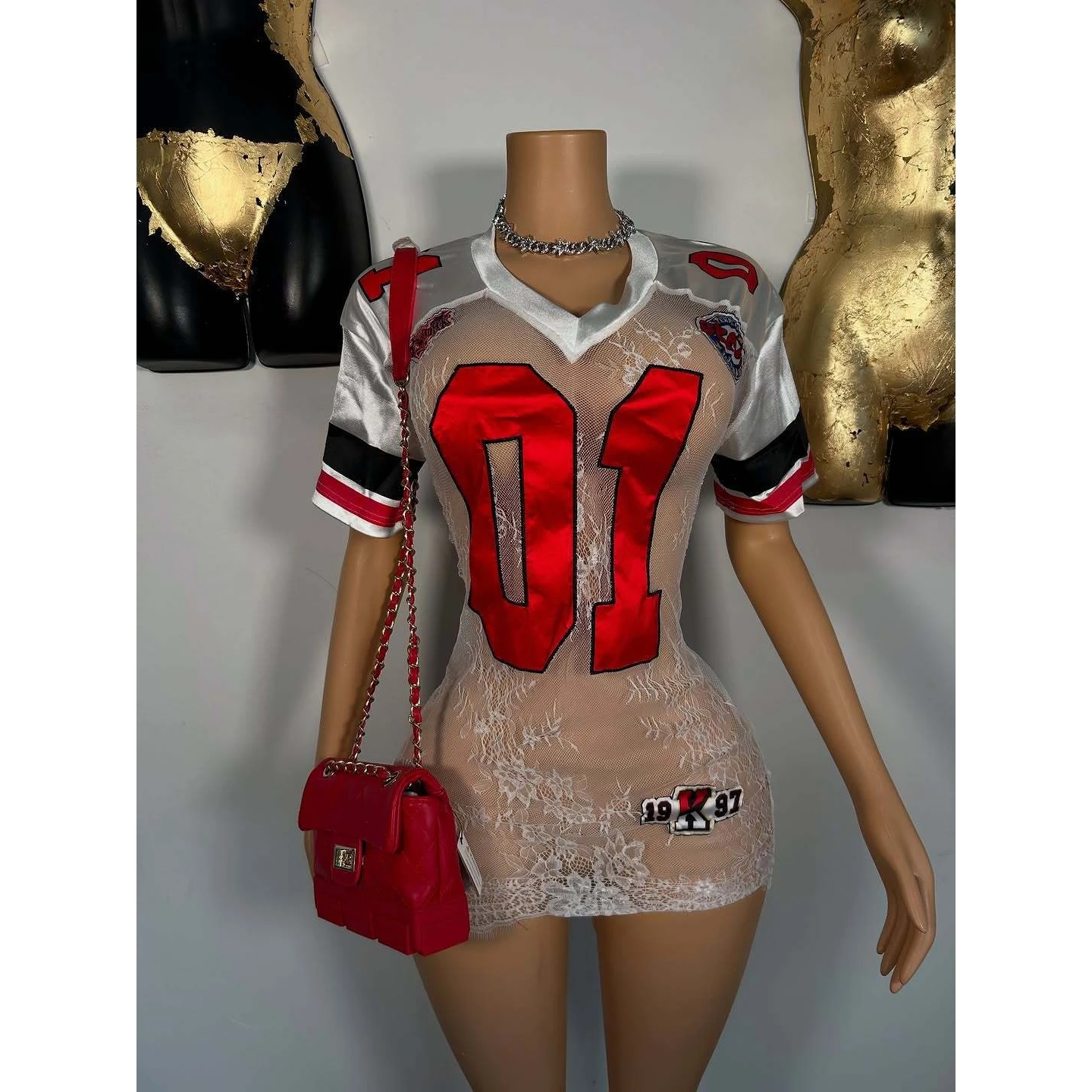 

Fashionable Sexy Lace See-through Embroidered Letter Short Sleeve V-neck Dress Women's Cross-border New Style Clothing