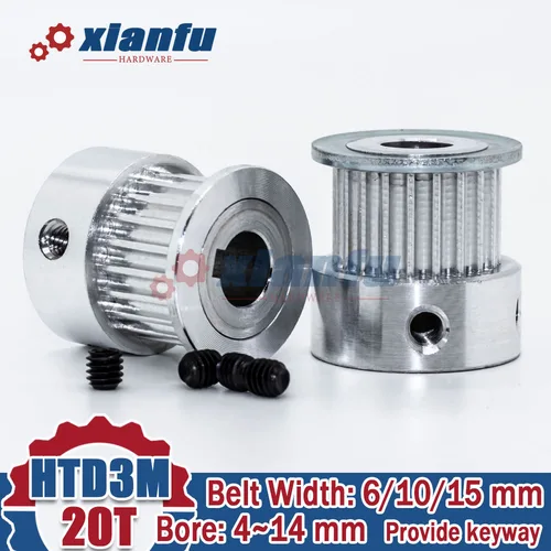 Polea de correa de distribución HTD3M, 20 dientes, 3M de diámetro, 4/5/6/6,35/7/8/10/12/14mm, rueda síncrona de aluminio HTD 20T para ancho de sincronización 6/10/15mm