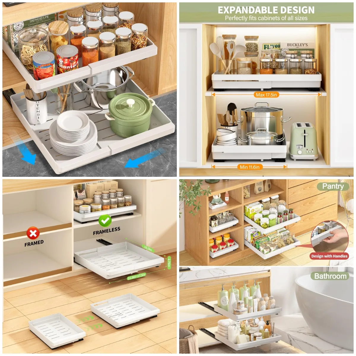 

2 Pack Expandable Pull Out Cabinet Organizers, Slide Out Drawers for Kitchen, Bathroom, Pantry, Under Sink Storage – White, 11.6