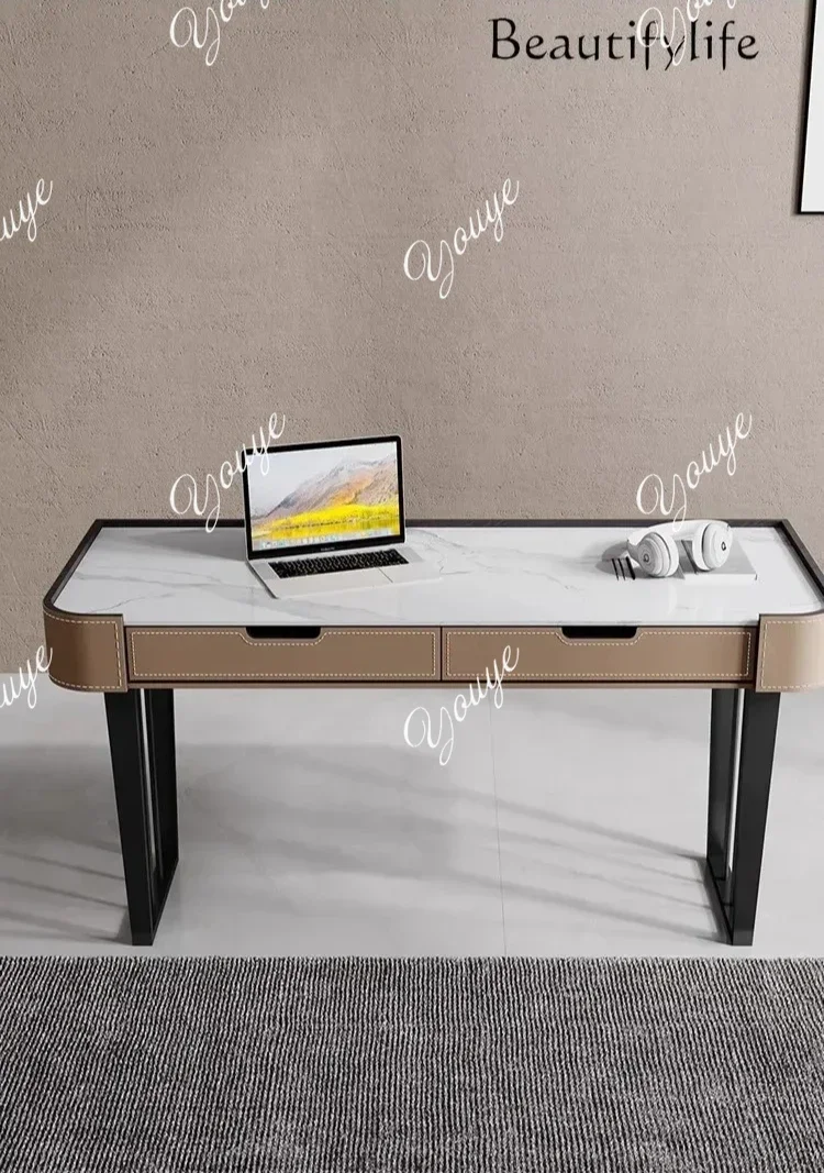 

J Home Office Computer Desk Modern Slate Light Luxury Desk Saddle Leather Writing Italian Minimalist Modern