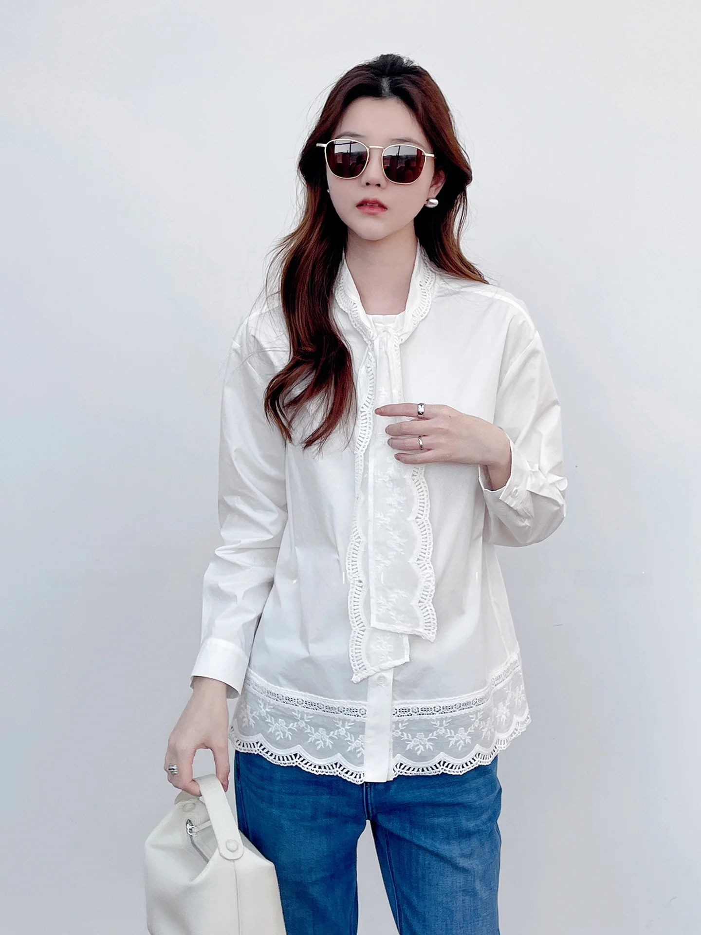 

Ele Long Sve irt Handmade Combed Cotton Sa Bordered Patchwork Early Spring New Sle Women's Premium Faion Top