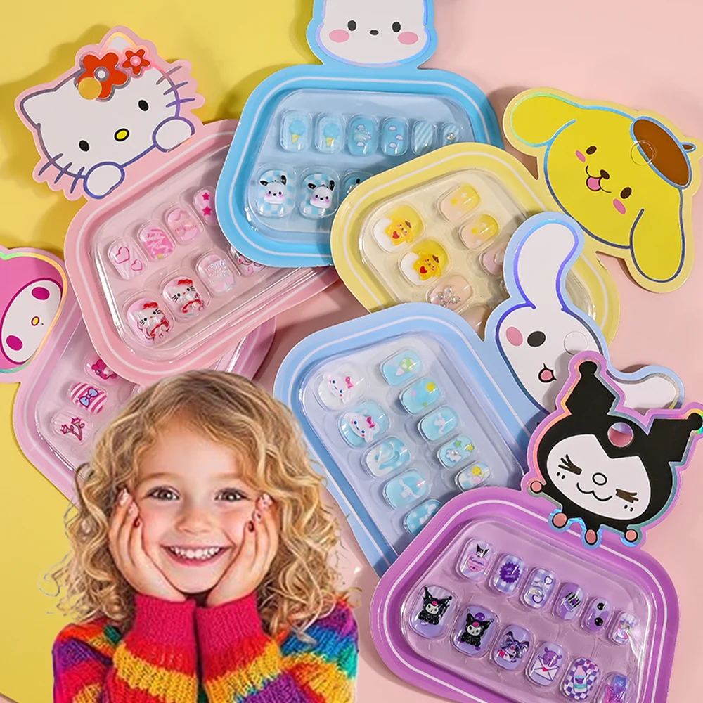 

12Pcs/box Kids Cartoon press on nails Sanrio 3D Stereo Kawaii Pink Melody Hello Kitty Child Fake Nails Cute Girl False Nail Tips