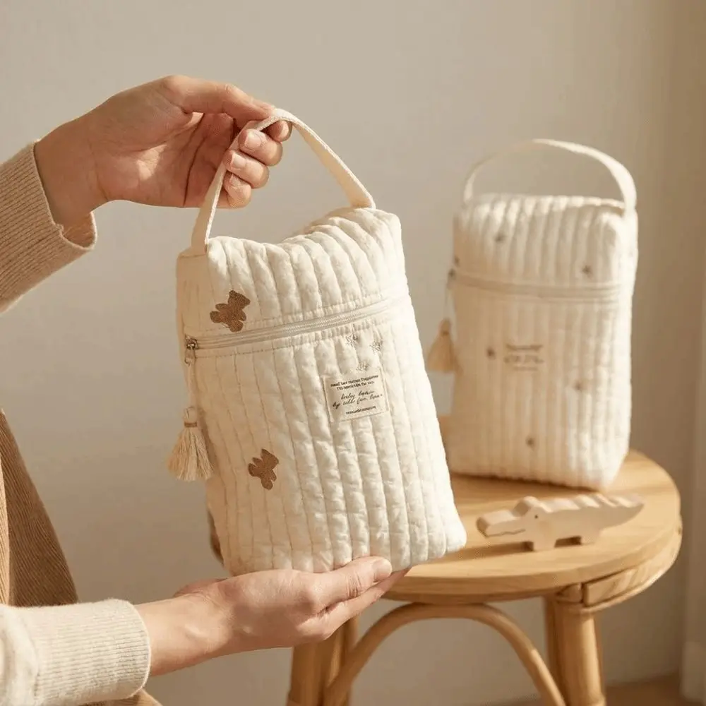 New Quilted Portable Stroller Nappy Bag Versatile Beige Embroidery Mommy Bag Large Capacity Cotton Diaper Organizer Newborn