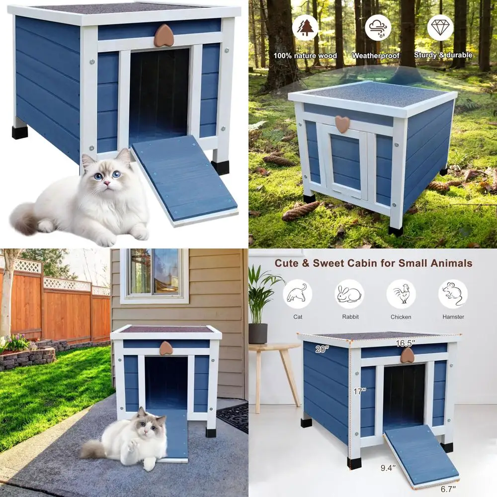 

Weatherproof Outdoor Cat House - Small Wooden Pet Habitat in Blue