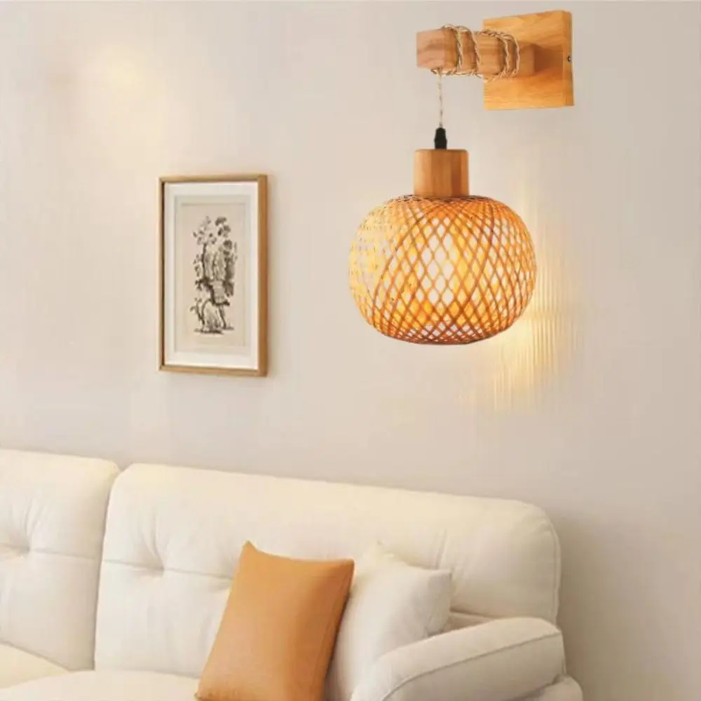 Natural Rattan Bamboo Lantern Wall Lamp Retro Style Creative Design Rattan Wicker Chandeliers Hand-Woven Woven Bedside Lamps