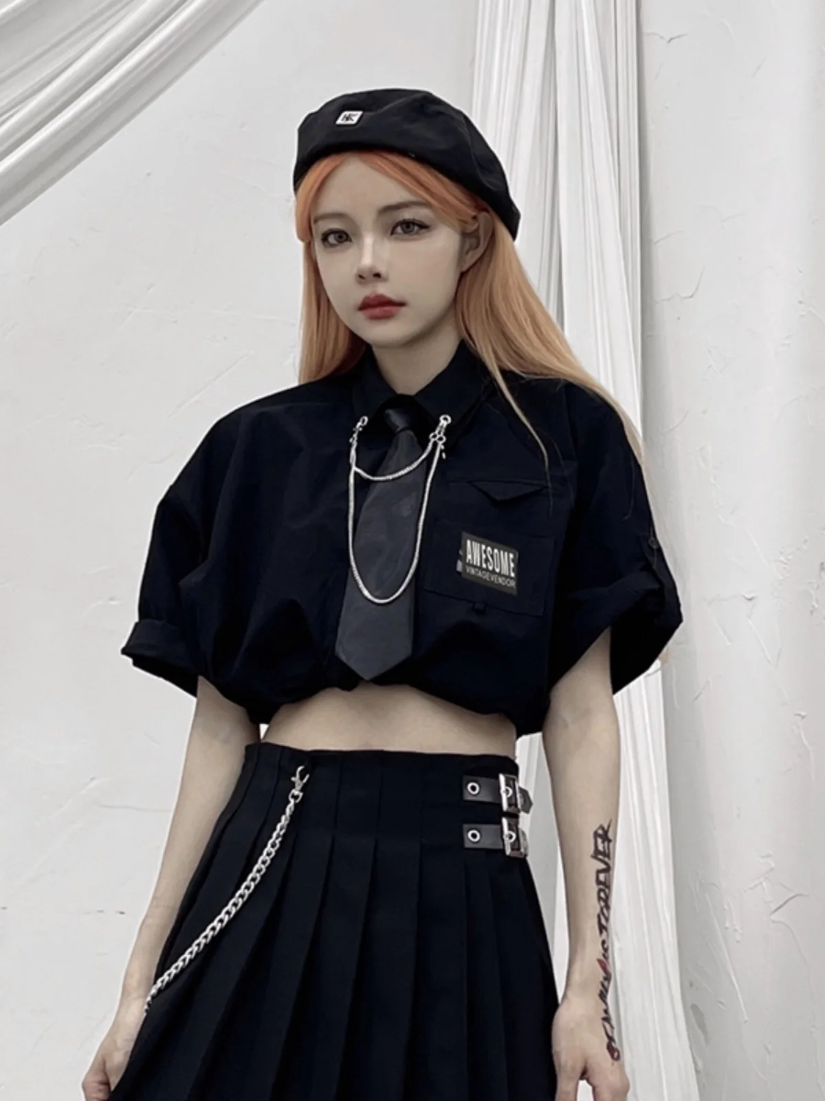 Summer Black American Sexy Short Sleeve Turn-down Collar Handsome Shirt Personalized Girl Chain Loose Street Punk Versatile Top