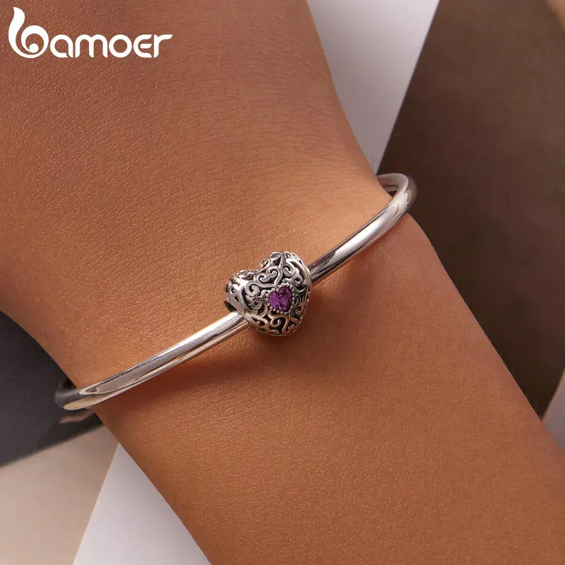 Bamoer 925 Sterling Silver Pink Zircon Love Bead Vine Hollow-out Heart Charm for Women Bracelet and Bangle DIY Jewelry BSC777