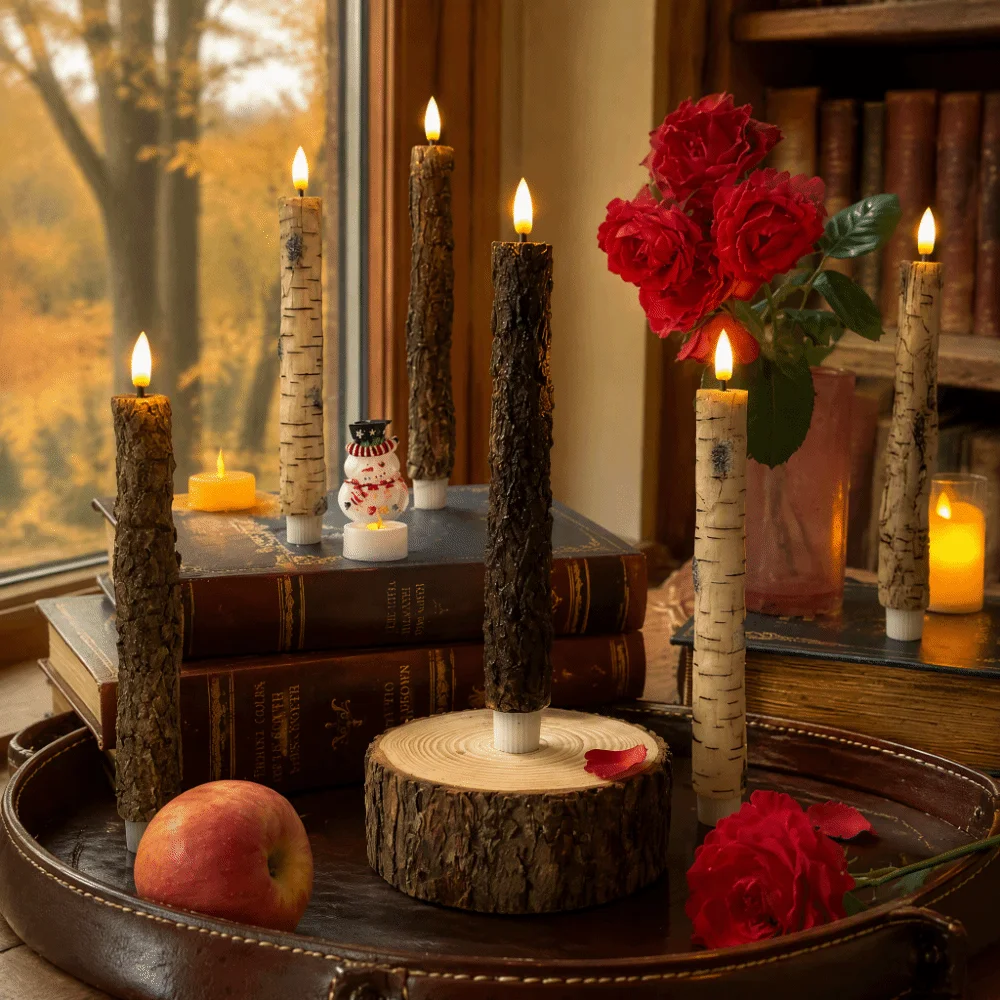 Soft Light LED Flameless Candles Birch Wood Texture LED Light Electronic Candles Flame Simulation Flameless Design