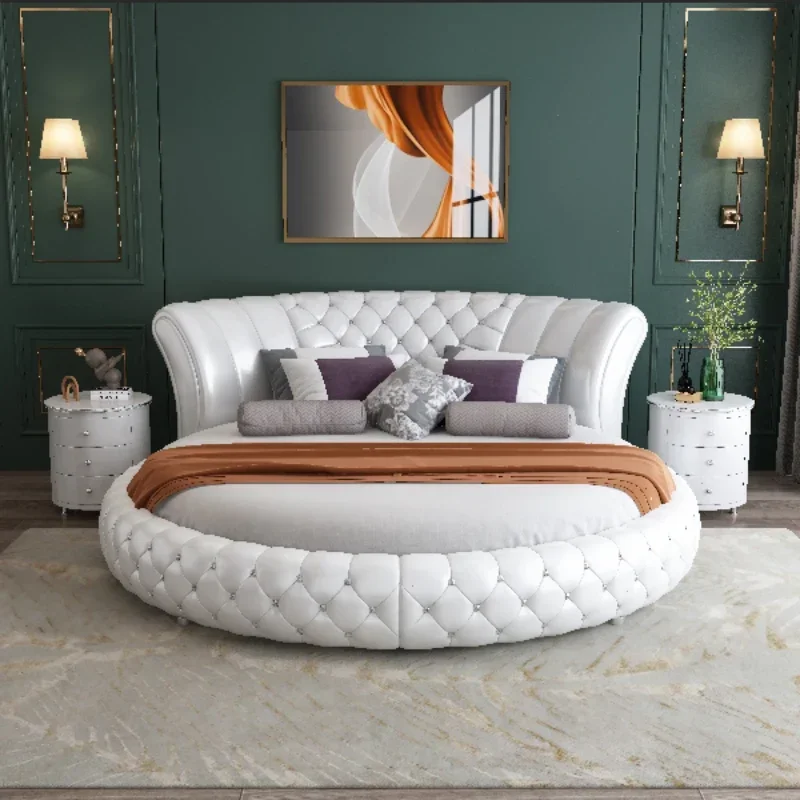 Genuine Leather Double Bed Large Round European Style Double Bed Simple Luxury Sleeping Camas De Dormitorio Bedroom Furniture