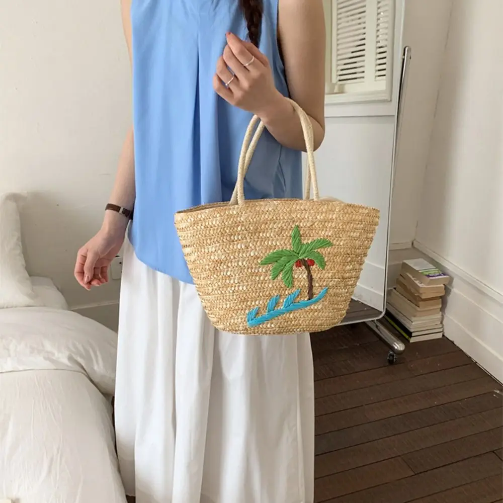 

Large Capacity Coconut Tree Embroidery Straw Bag Embroidered Duck Fashion Weave Tote Bag Simple Grass Summer Beach Bag Women