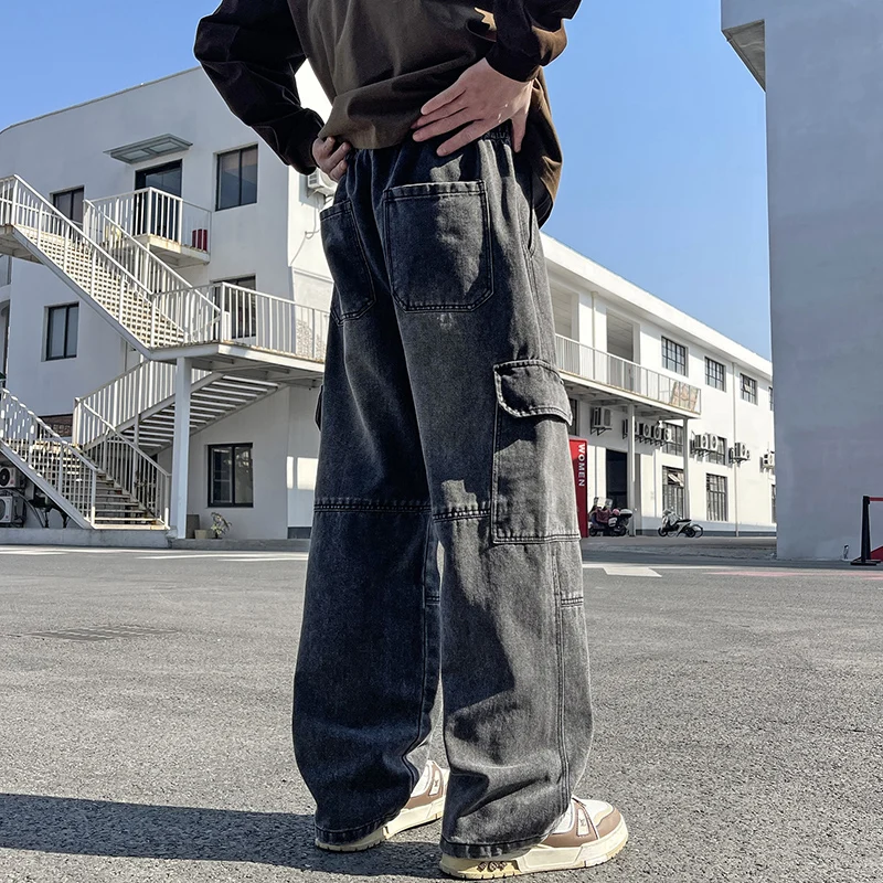 

2025 new men's cement work jeans Y2K street hip-hop large pocket wide-leg straight jeans trousers jogging black light blue