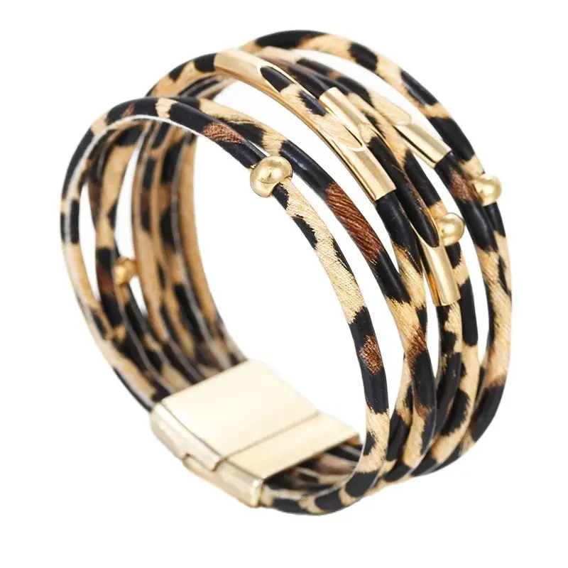 ALLYES Vintage Metal Tube Leopard Leather Bracelet for Women Men Boho Multilayer Wrap Wide Bracelets & Bangles Charm Jewelry