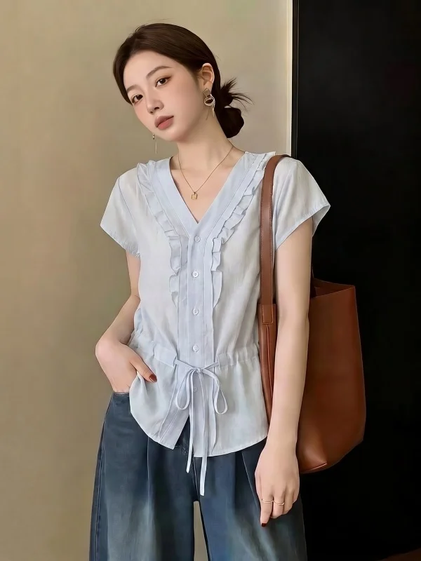 

Light Blue Women's V-neck Short Sleeve Shirt Pleated Hem Regular Fit Korean Style Commute Wind Summer New plus Size Top