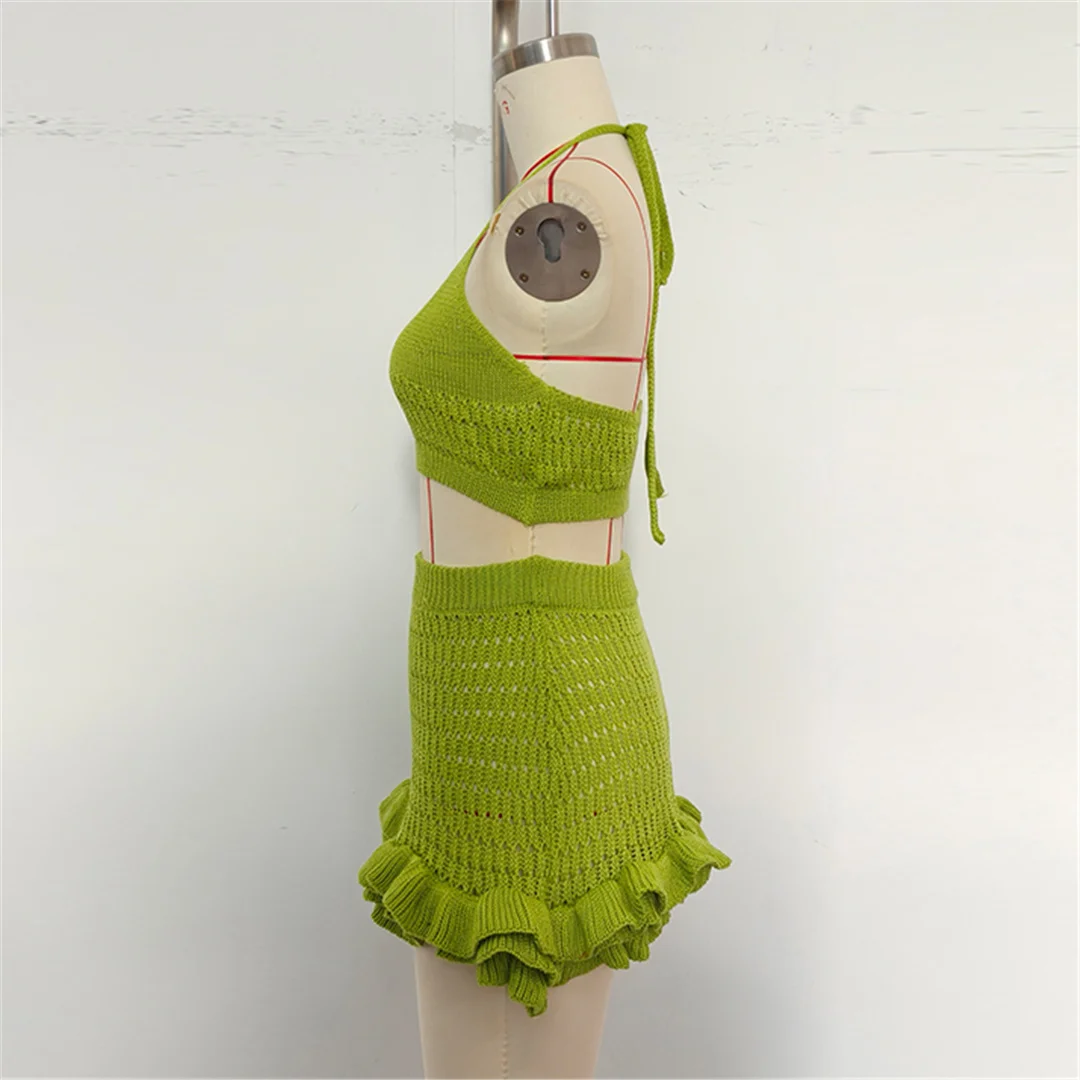 Neues, gerüschtes, halterloses, ausgeschnittenes, gehäkeltes, gestricktes 2-teiliges Set, Sommerkleid, Strandkleidung, Cover-up, zweiteiliges Set für Damen, V7169 – Detail 15