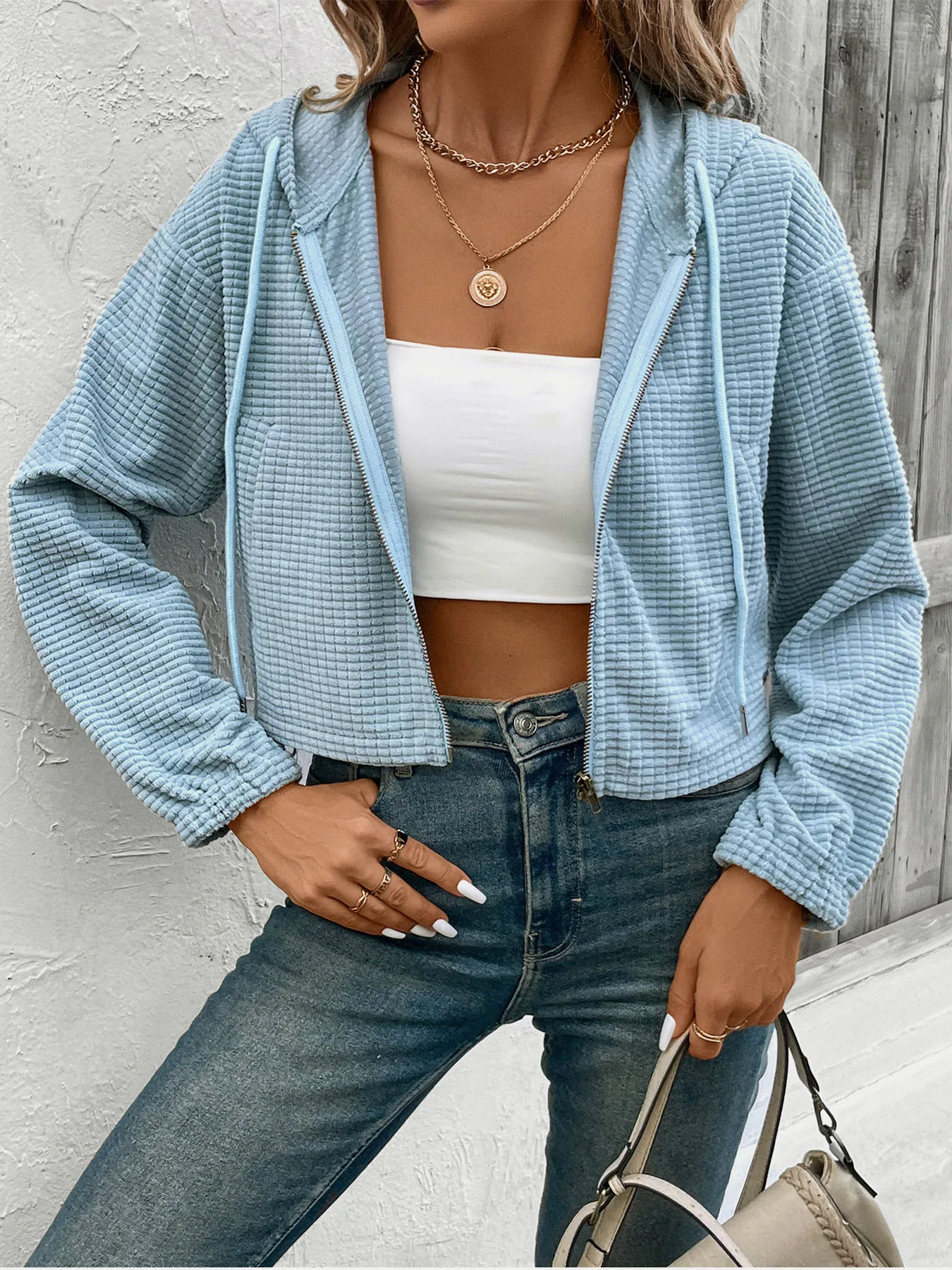 

Casual Solid Color Jacket Autumn Fashion New Hooded Zipper Long Sleeve Short Coat Loose Corduroy Comfort Women Clothing