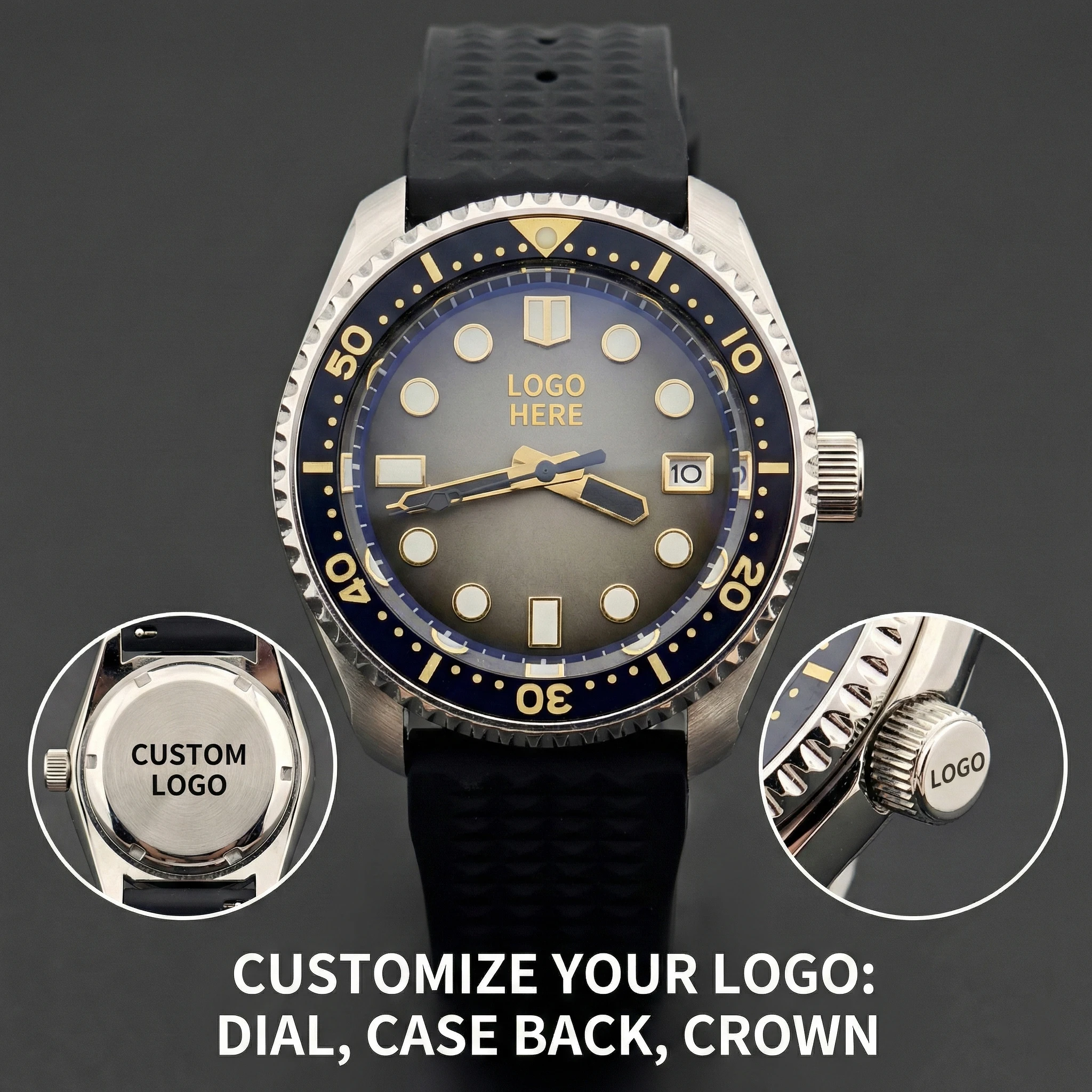 Benutzerdefiniertes Logo CORGEUT NH35 Automatikuhr Herren Saphir 316L Stahl 100M Wasserdicht Taucher Silikonarmband 6020 – Detail 5