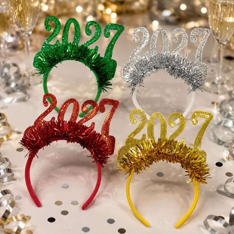 4pcs 2027 New Year Headband Glitter Number Tinsel Hair Hoop Happy New Year Party Photo Booth Costume Accessory