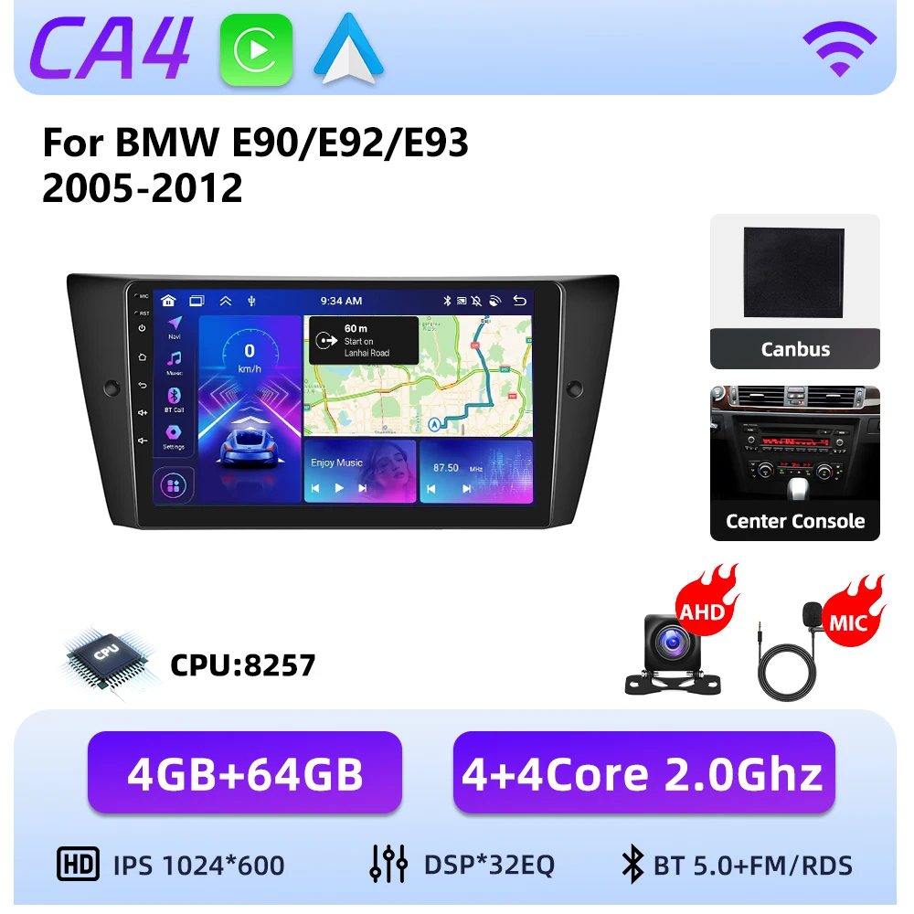 Podofo 8-core Android autoradio voor BMW E90/E92/E93 2005-2012 met draadloze Carplay, Android auto-audio, GPS-navigatie, 4G LTE en WIFI