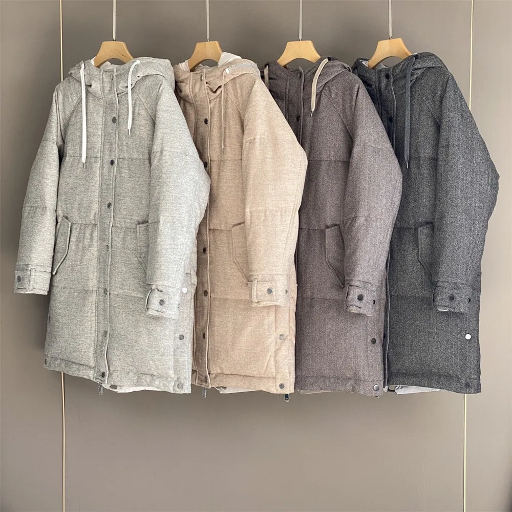 

High Quality Mid-length Hooded Down Jacket Beaded Thick Warm Goose Down Jacket Winter Women's Clothing