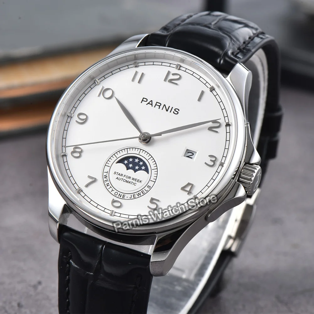 Parnis 42 mm números arábigos reloj automático para hombre cristal de zafiro caja de acero inoxidable correa de caucho
