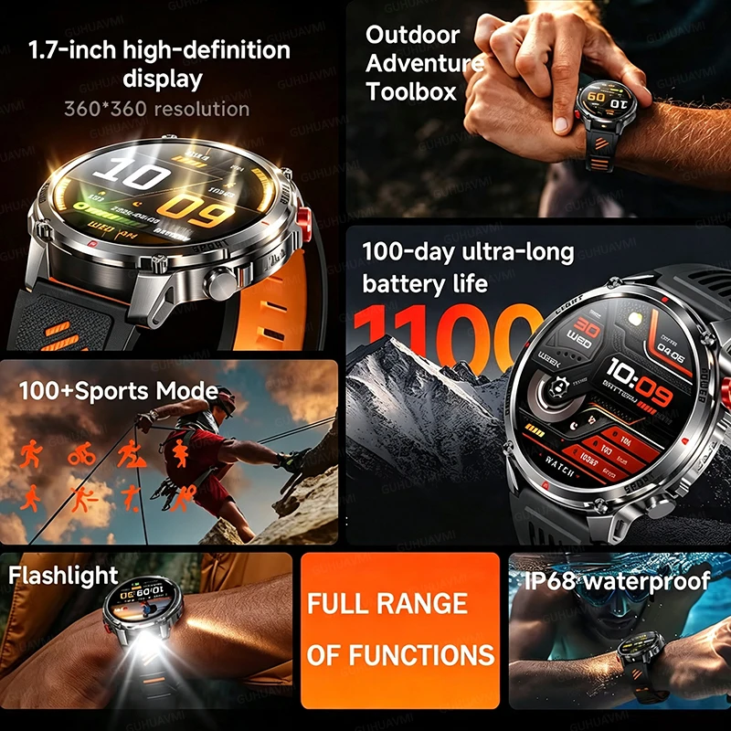 2026 New Tactics 1100mAh Battery Smart Watch GPS Sport Trajectory IP68 Waterproof LED Flashlight Outdoors Compass Military Watch